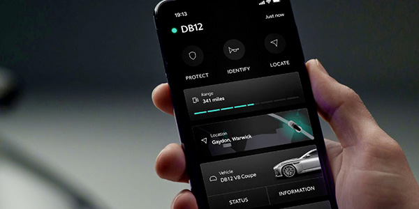 Phone with App open with Aston Martin DB12 details