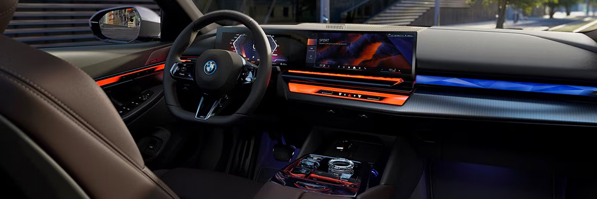 Interior detail of the BMW Curved Display, cockpit, and Interaction Bar