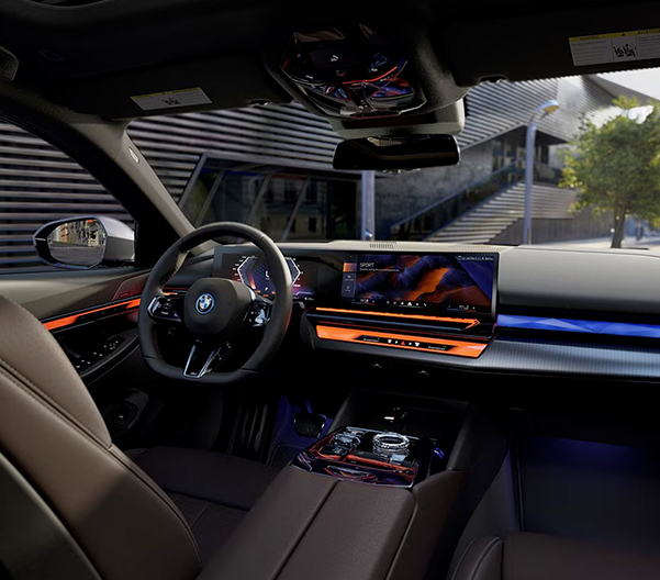Interior detail of the BMW Curved Display, cockpit, and Interaction Bar