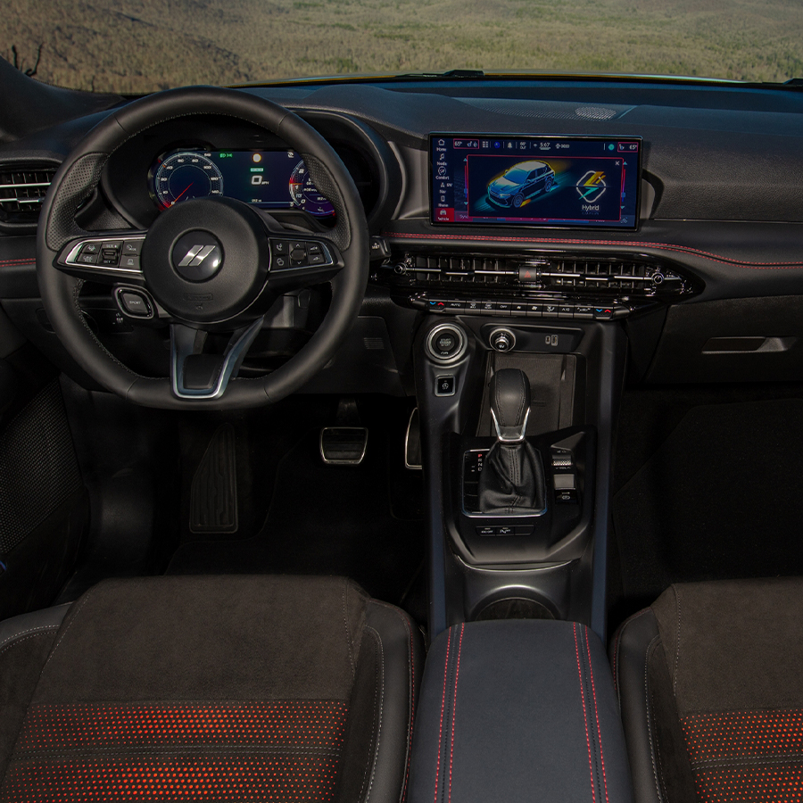 Premium interior touches for the Dodge Hornet R/T and GT include class-exclusive Alcantara seats featuring an embroidered Dodge Rhombi logo, included with the optional Track Pack.