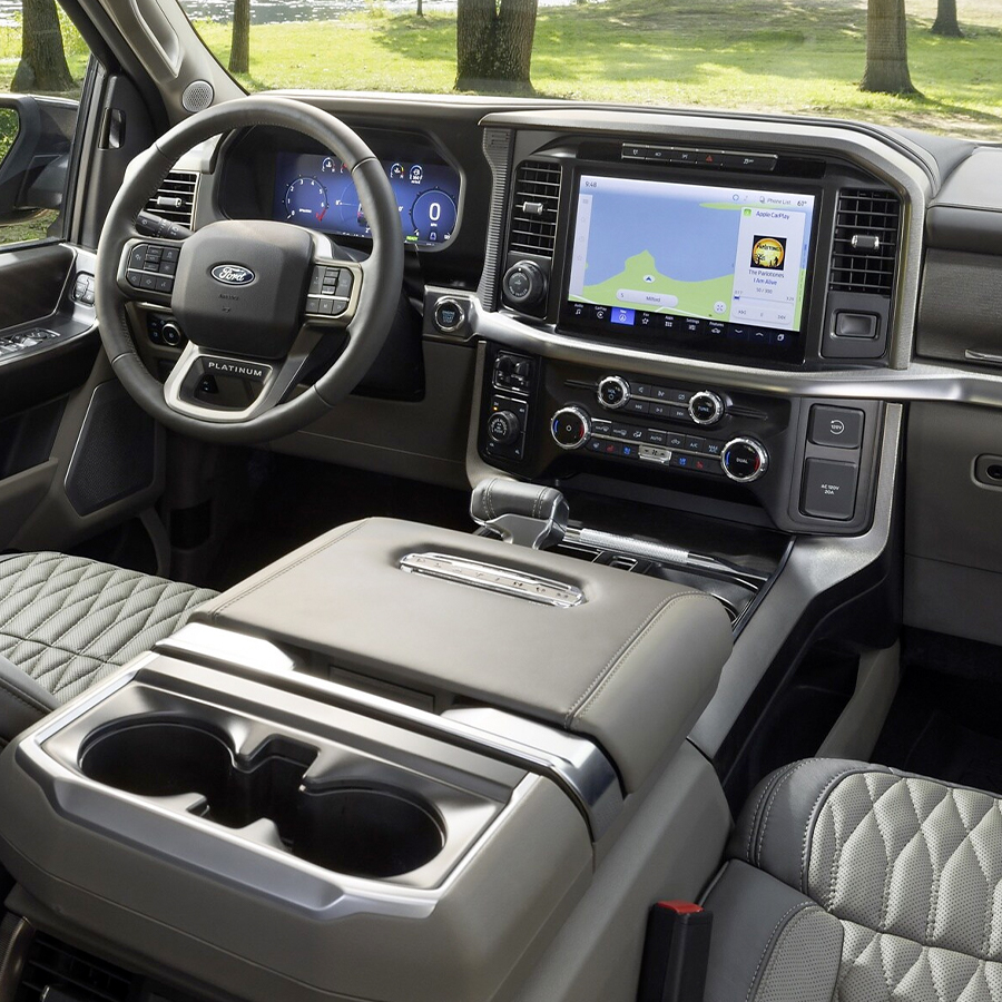 Interior of a 2024 Ford F-150® Platinum pickup showing the 12-inch display screen
