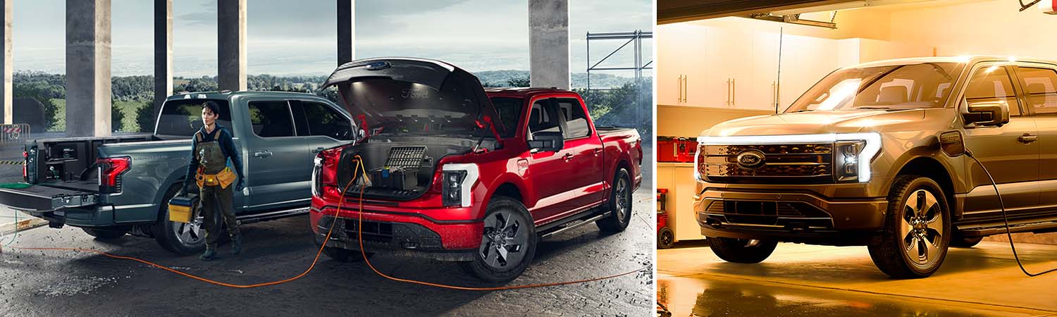 Two 2023 Ford F-150 Lightnings® at a work site powering tools like welder, saw etc - A 2023 Ford F-150 Lightning® powering a house as couple cleans branches off driveway