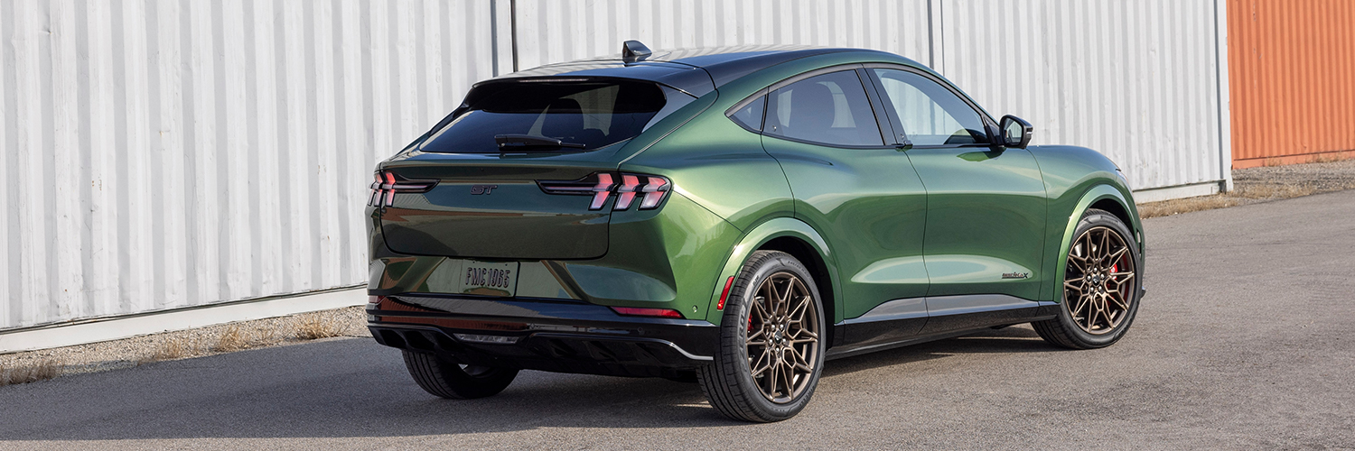 Rear view of a 2024 Ford Mustang Mach-E parked