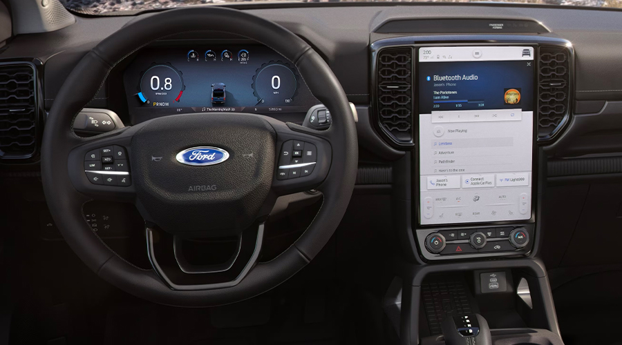 Interior cabin of the 2024 Ford Ranger® with a view of the outside