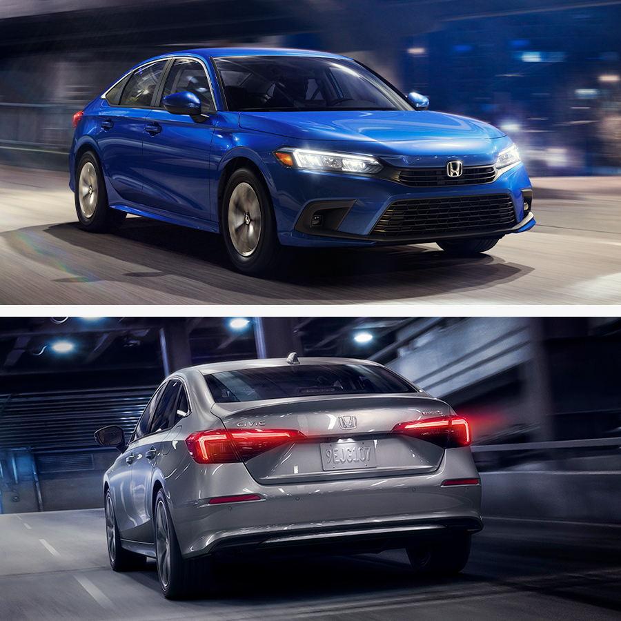 TOP IMAGE: 2024 Honda Civic Sedan Sport shown in Aegean Blue Metallic; BOTTOM IMAGE: 2024 Honda Civic Touring Sedan in Lunar Silver Metallic shown driving in an urban environment.