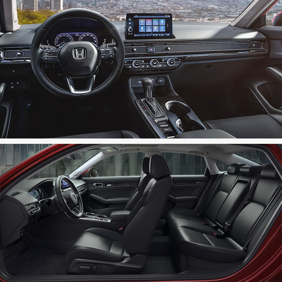 TOP IMAGE: 2024 Honda Civic Sedan Touring interior front seat dashboard shown with Black Leather; BOTTOM IMAGE: 2024 Honda Civic Sedan Touring interior side view shown with Black Leather.