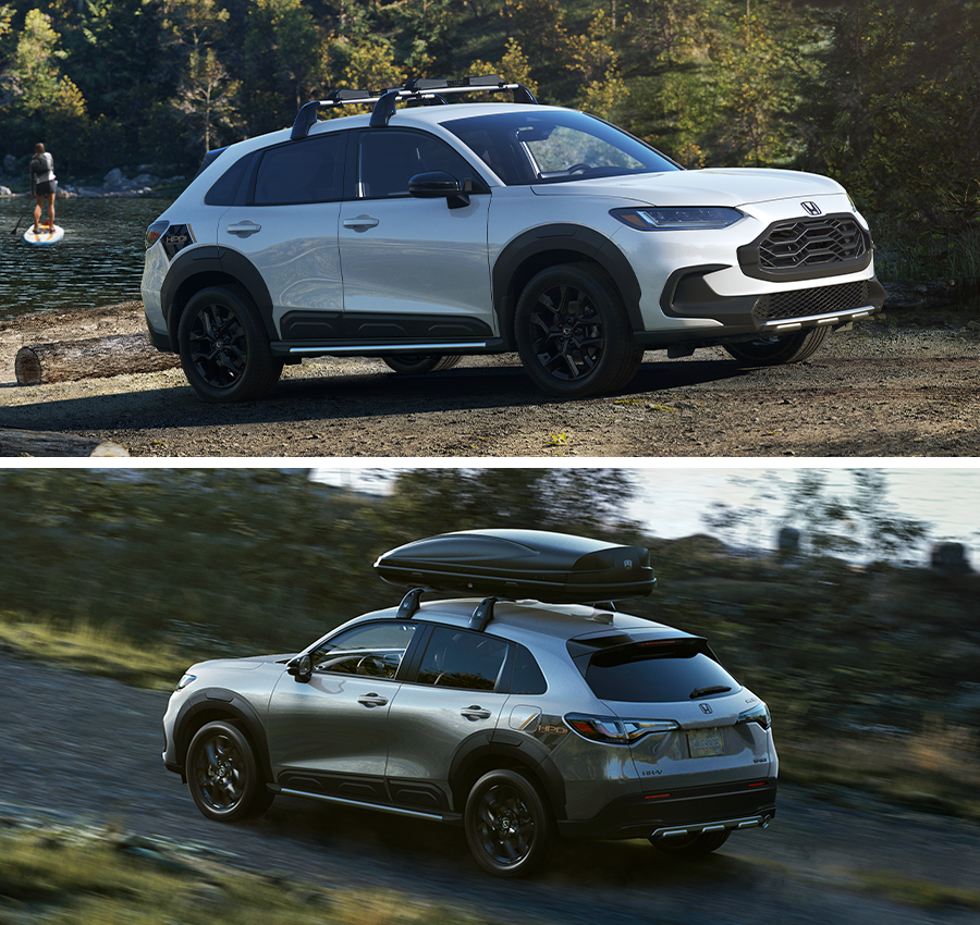 TOP IMAGE: Passenger-side view of the 2024 Honda HR-V Sport in Platinum White Pearl shown parked in a rural setting. Two people are visible paddleboarding on a lake in the background; BOTTOM IMAGE: Rear driver-side overhead view of the 2024 Honda HR-V Sport with Available AWD in Urban Gray Pearl shown driving on a packed dirt road beside a river.