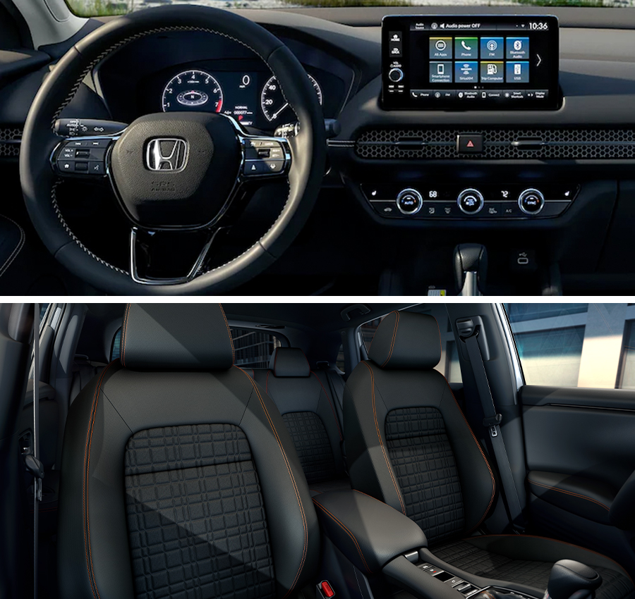 TOP IMAGE: Front interior view of the 2024 Honda HR-V EX-L with Black Leather shown with a river view visible through the windshield; BOTTOM IMAGE: Interior view of the front seats in the 2024 Honda HR-V Sport with Black Cloth.