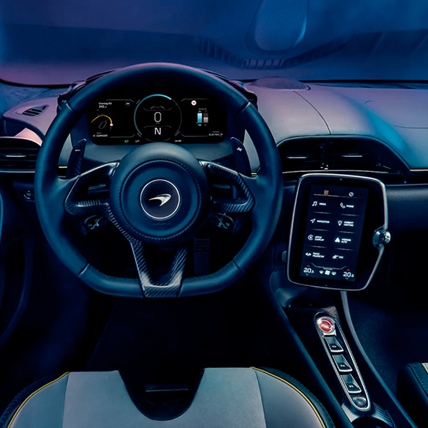 8-inch touchscreen and steering wheel of the New McLaren Artura