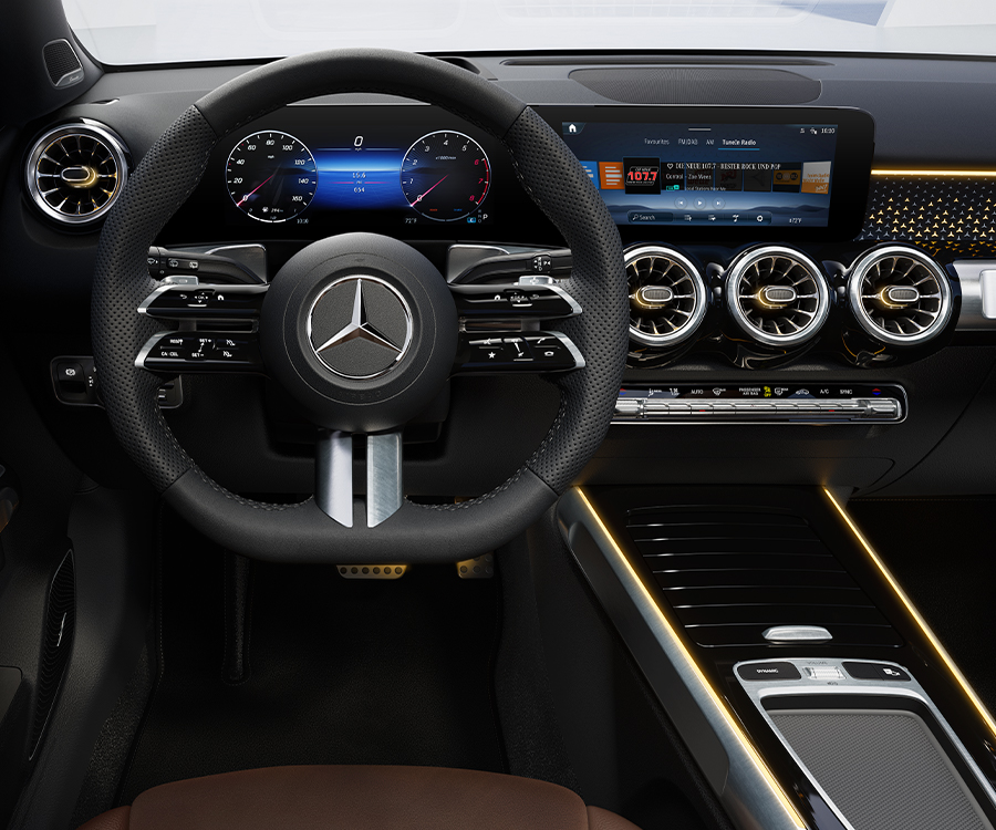 Interior dashboard and steering wheel of the 2024 Mercedes-Benz GLB.