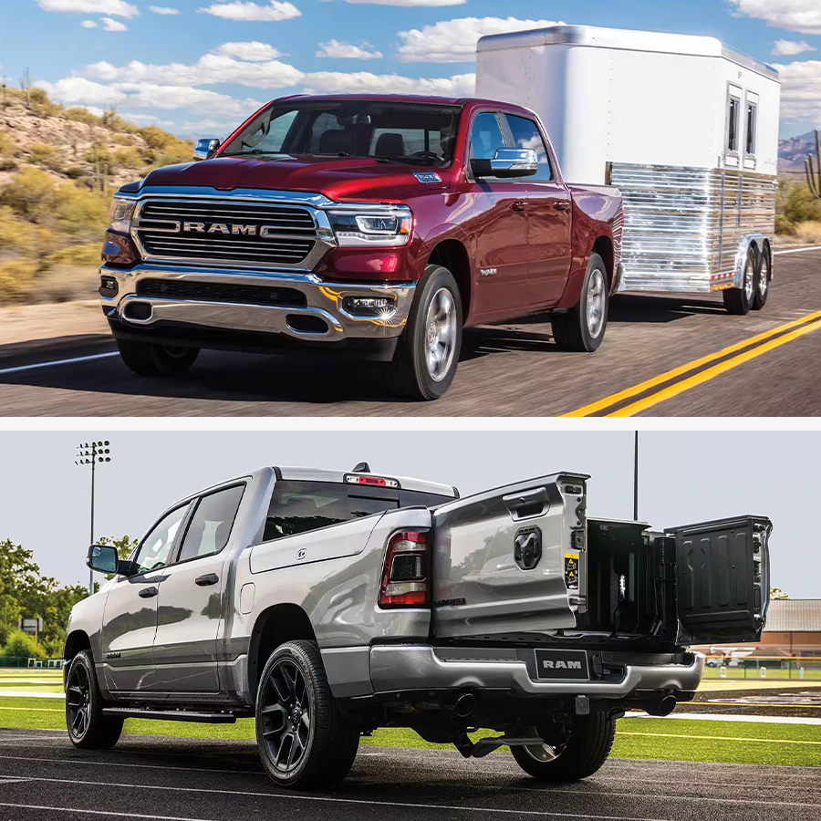 TOP IMAGE: Display A red 2024 Ram 1500 Laramie Crew Cab towing a horse trailer as it is driven down a highway in the desert; BOTTOM IMAGE: Display A silver 2024 Ram 1500 Laramie Crew Cab with the swing-open tailgate doors open, parked on a track beside a football field.