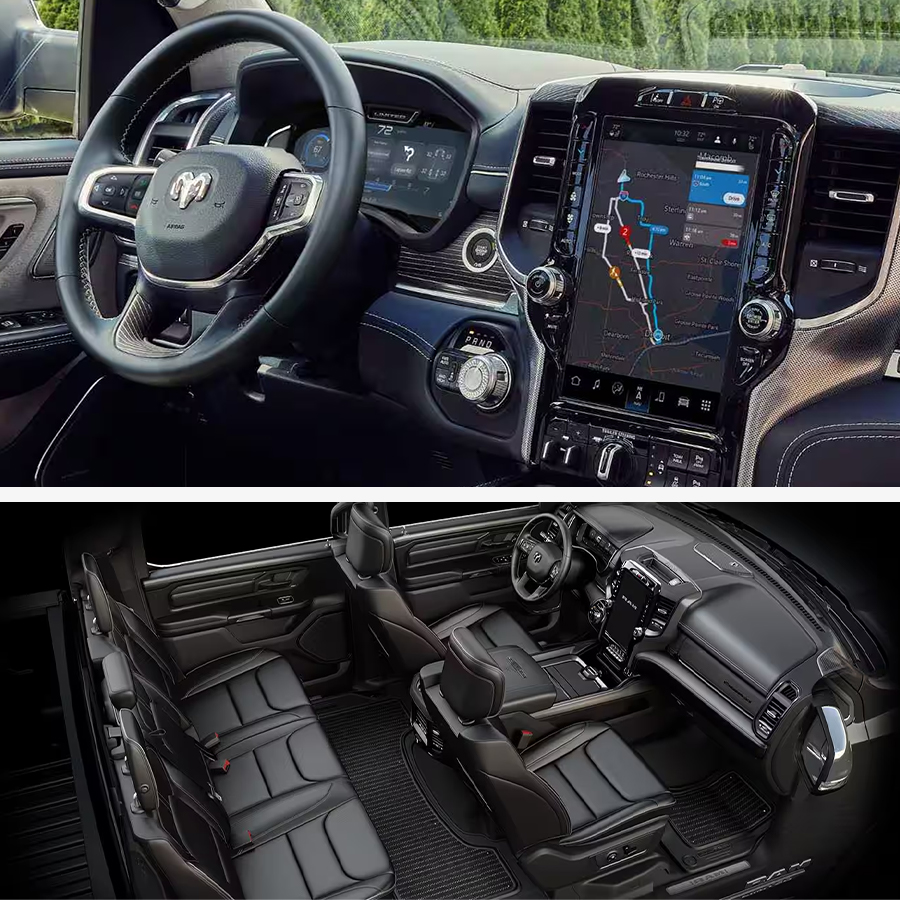 TOP IMAGE: Display The interior of the 2024 Ram 1500 Limited Elite with the Uconnect touchscreen displaying a navigation map; BOTTOM IMAGE: Side Profile of 2024 Ram 1500 interior.