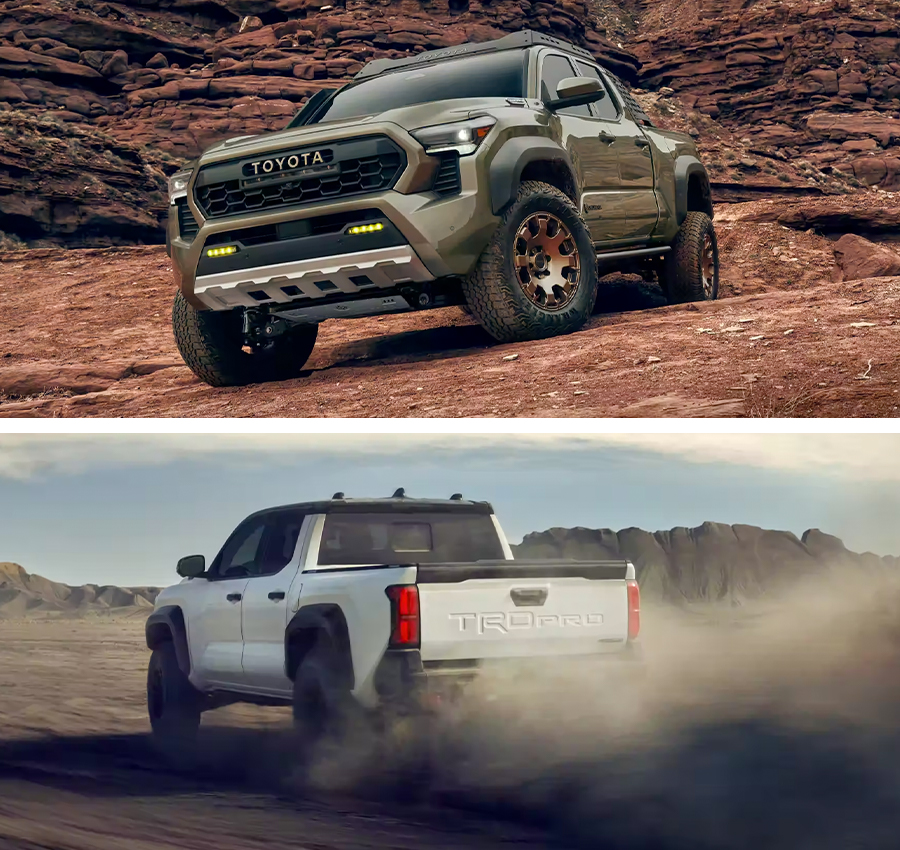 Top: TRD Pro shown in Ice Cap with Black roof. Prototype shown with options. Production model may vary; Bottom: Trailhunter shown in Bronze Oxide. Prototype shown with options. Production model may vary.