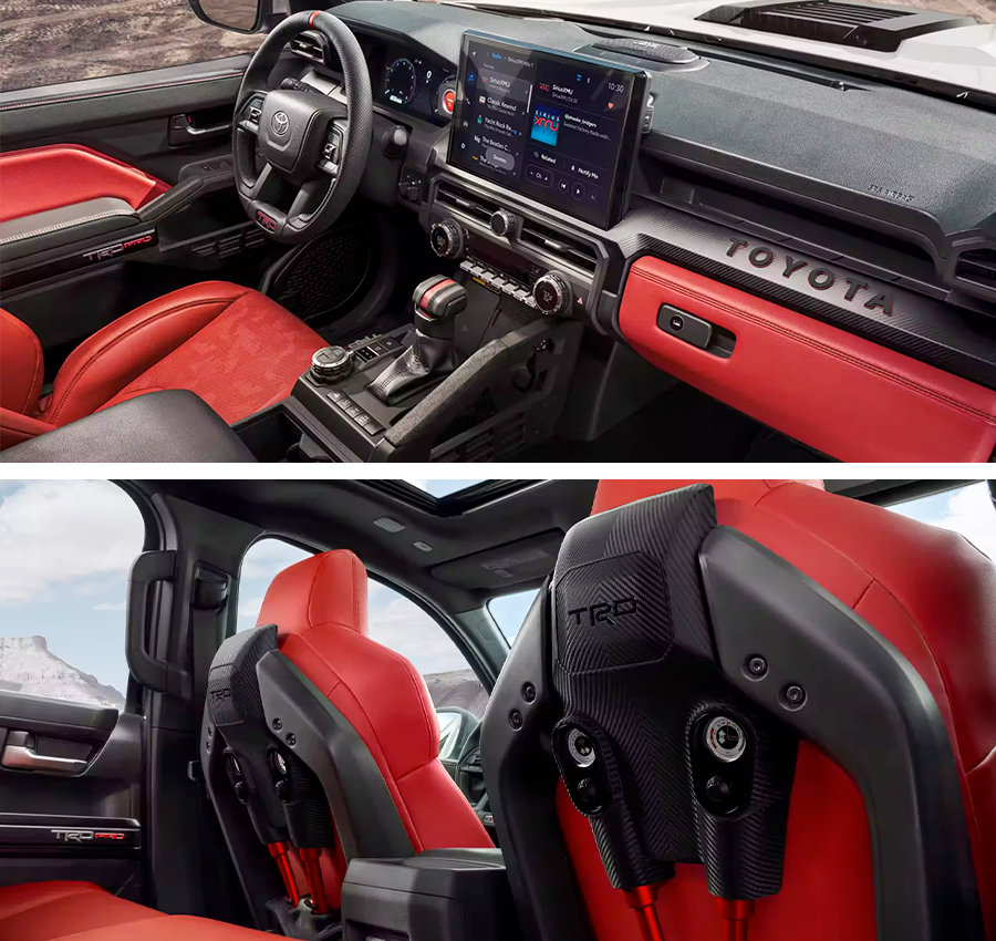 Top: TRD Pro interior shown in Cockpit Red. Prototype shown with options. Production model may vary; Bottom: TRD Pro interior shown in Cockpit Red. Prototype shown with options. Production model may vary.