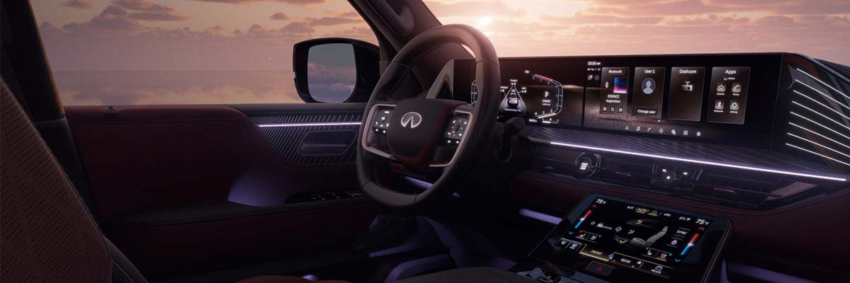 Interior shot of a 2025 INFINITI QX80 highlighting it's Dual 14.3-inch high-definition Monolith screens