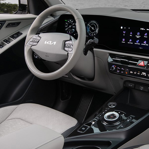 2025 Kia Niro EV front row space and dashboard, close-up.