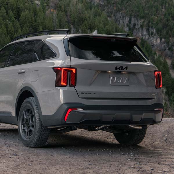 Rear of grey 2025 Kia Sorento parked in forest
