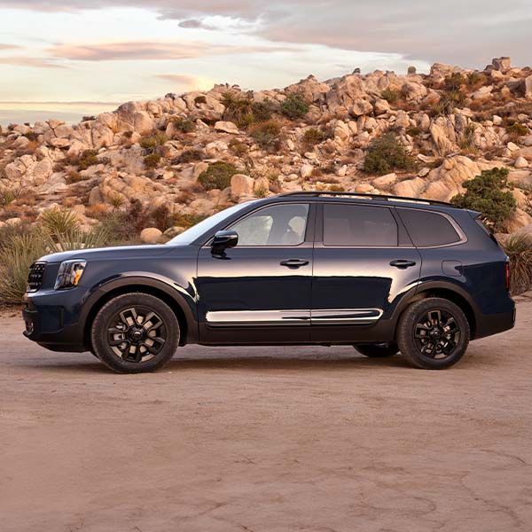 Exterior shot of a Kia Telluride parked in a desert.