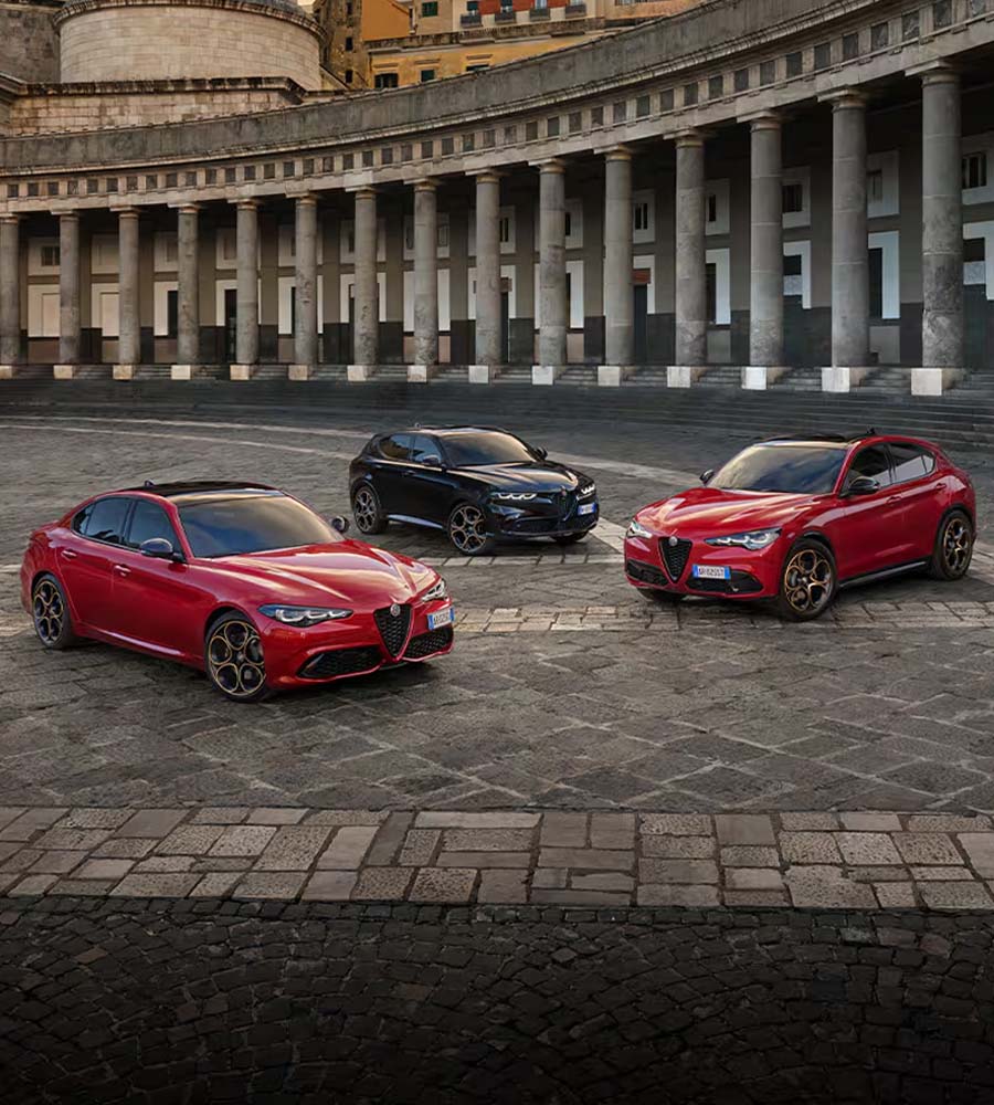 lineup of the new 2025 Alfa Romeo Stelvio, Giulia, and Tonale
