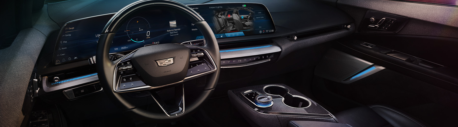 2025 Cadillac Optiq Reveal Sport Black Noir Interior, drivers side cockpit view.