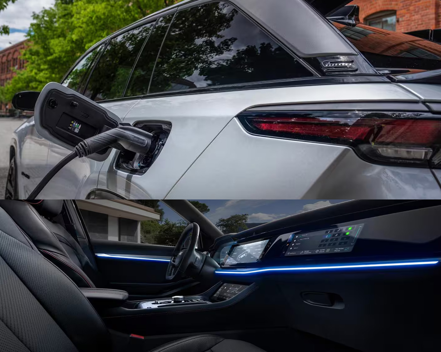 Jeep Wagoneer charging on a residential street and an interior image with a blue light along the dashboard