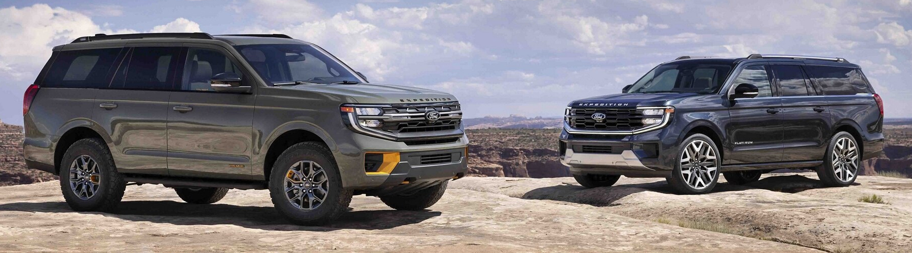 A 2025 Ford Expedition® TREMOR® and another Expedition model parked on a rocky outcrop