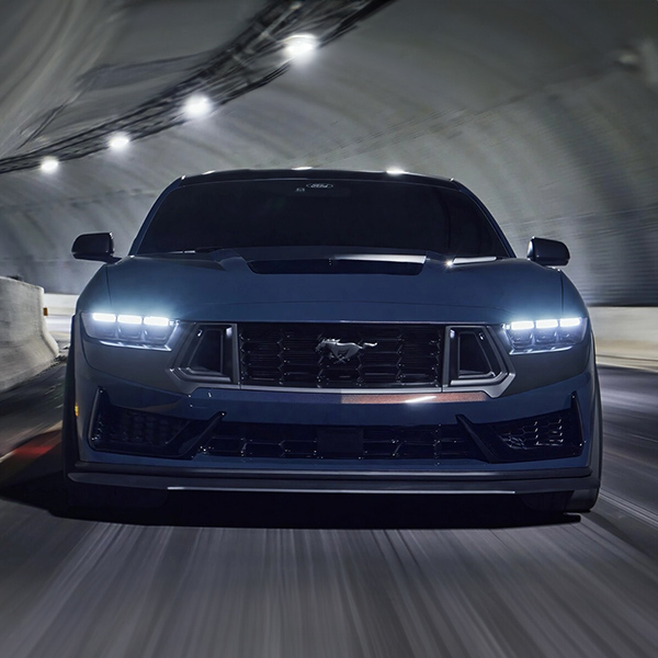 Head on shot of the 2025 Ford Mustang driving through tunnel