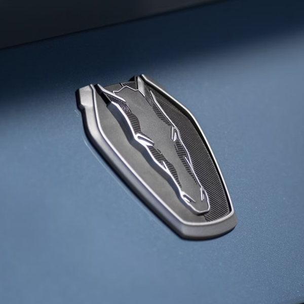 Detail shot of the badge of the 2025 Ford Mustang