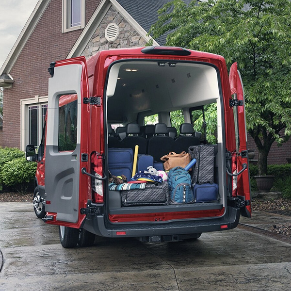 Rear shot of the 2025 Ford Transit loaded with travel items