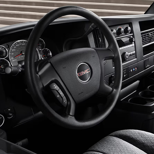 Interior dashboard shot of the 2025 GMC Savana Cargo Van