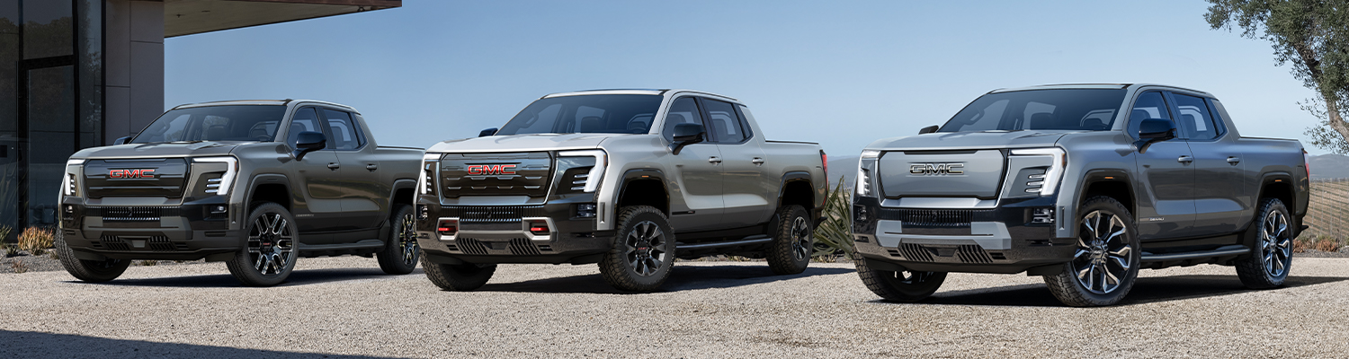 First Ever GMC Sierra EV Family Shot; Featuring (L to R) GMC Sierra EV Elevation, GMC Sierra EV AT4 and GMC Sierra Denali Edition 1.