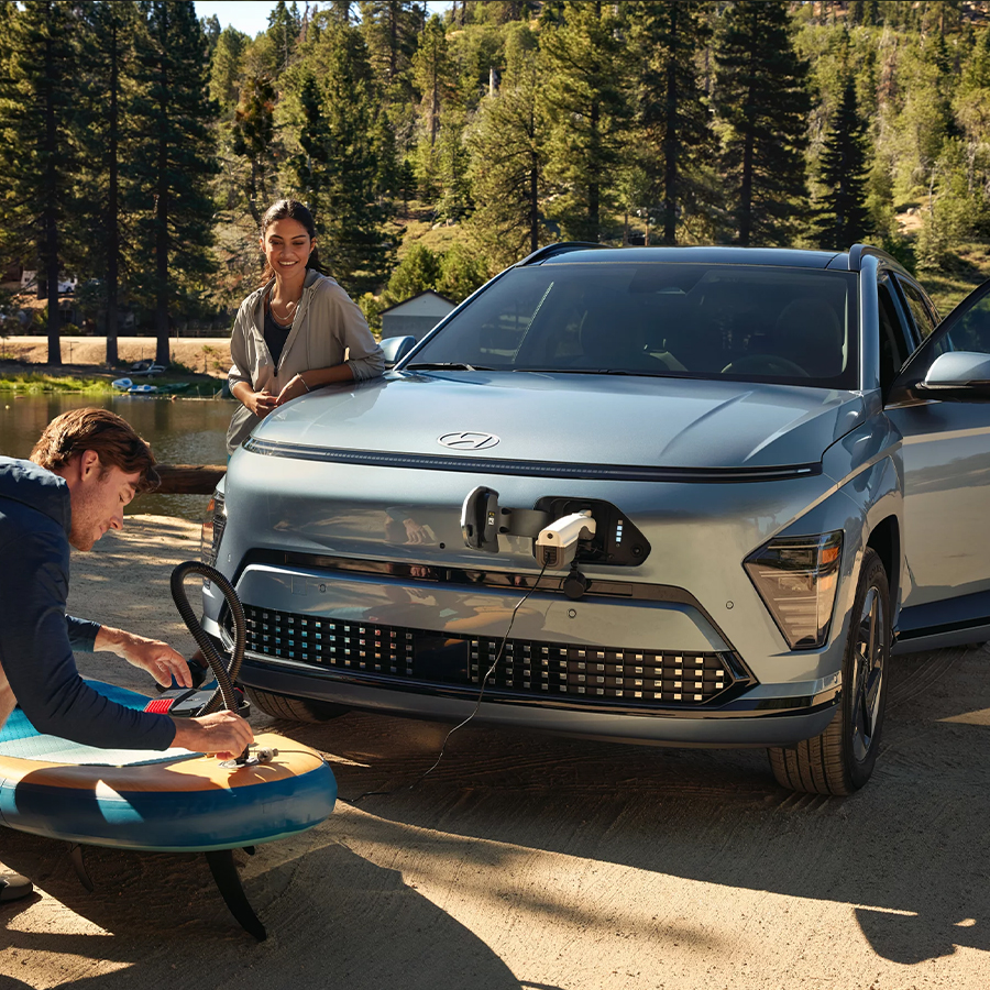2025 Kona Electric exterior vehicle-to-load outlet.