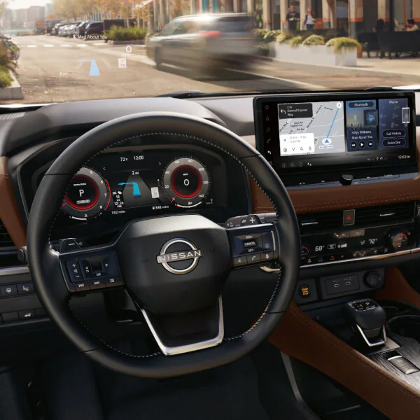 2025 Nissan Rogue interior view of dashboard, including 12.3-inch touch-screen display