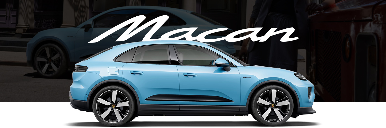 Porsche Macan in Frozen Blue Metallic in profile/side view. With Macan logo above it and lifestyle Macan image behind it.