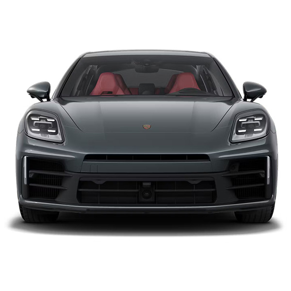 Porsche Panamera in Volcano Gray Metallic in front view.
