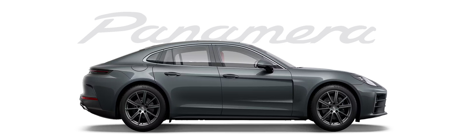 Porsche Panamera in Volcano Gray Metallic in side view / profile.