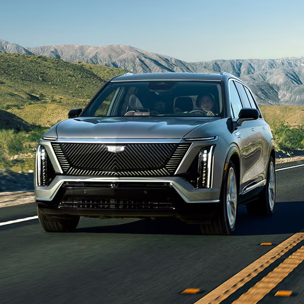Front 3/4 shot of the 2026 Cadillac Vistiq driving down road
