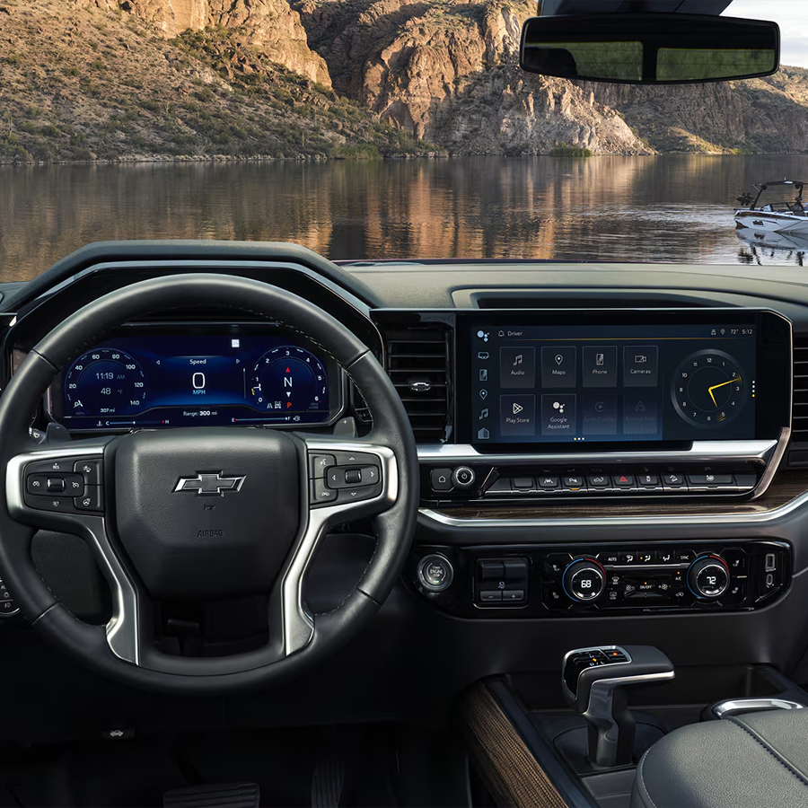 2026 Chevy Silverado Interior Dashboard with View of a Beautiful Lake Outside