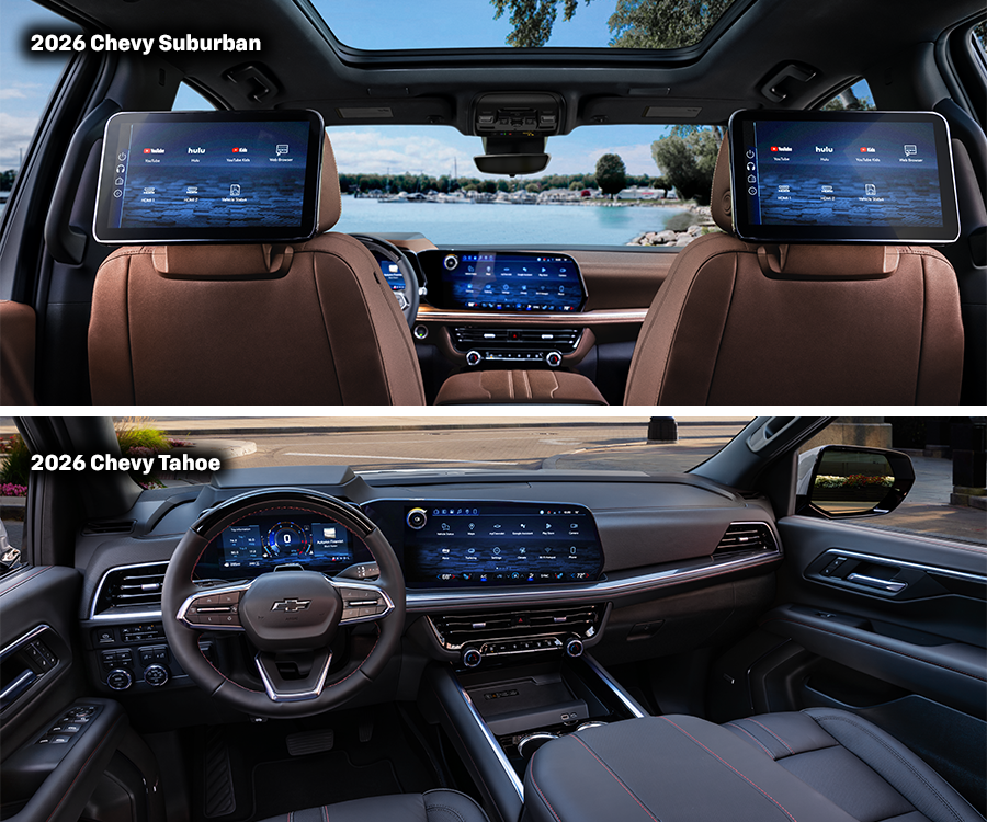 2026 Chevy Suburban and 2026 Chevy Tahoe interior views