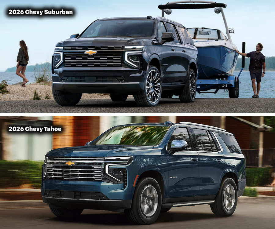 2026 Chevy Suburban and 2026 Chevy Tahoe exterior views