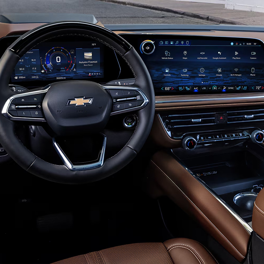 Interior dash and steering wheel in the 2026 Chevy Tahoe