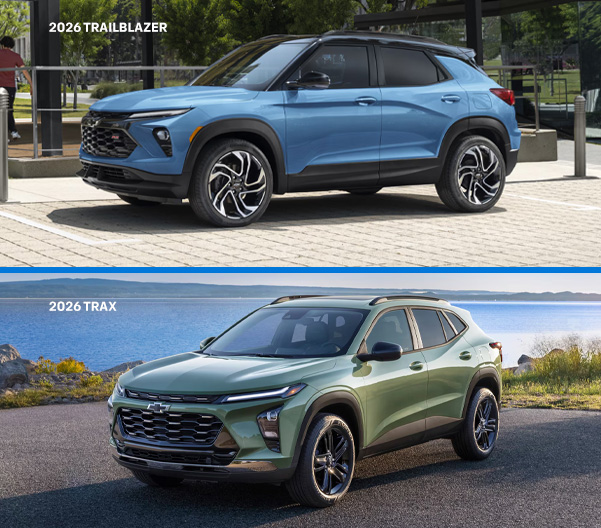 2025 6Chevy Trailblazer and 2026 Chevy Trax exterior views