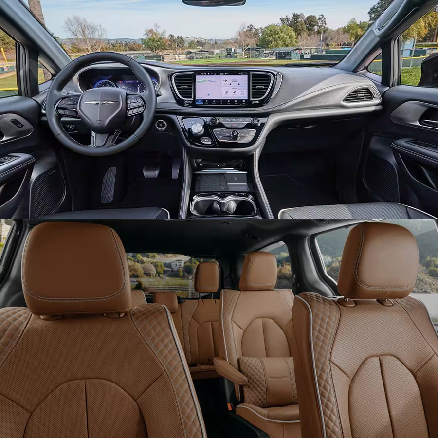 Interior view of the 2026 Chrysler Pacifica highlighting the spacious leather seating and premium dashboard technology.