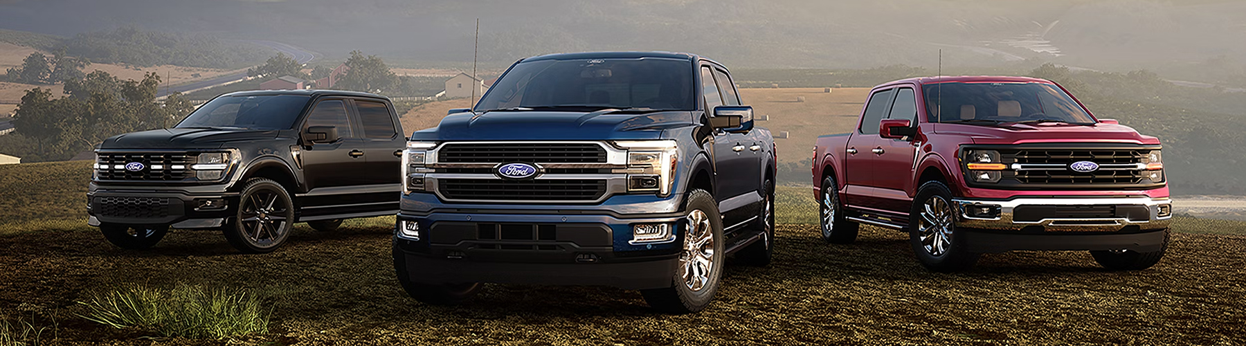 2026 Ford F-150® Platinum® pickup with Satin Package pulling a small trailer on a country road