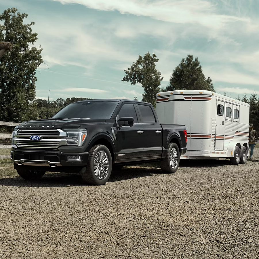 2026 Ford F-150® XLT pickup in Agate Black hitched to horse trailer