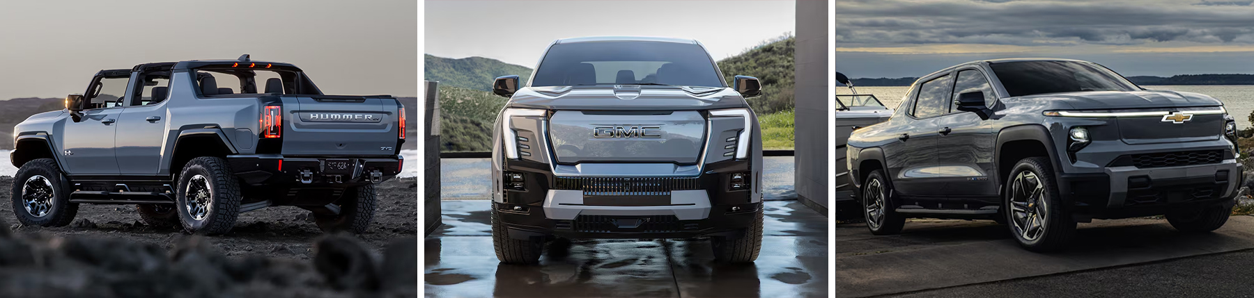 Left to right: 2026 GMC HUMMER EV Pickup; 2026 GMC Sierra EV Denali; 2026 Chevrolet Silverado EV.