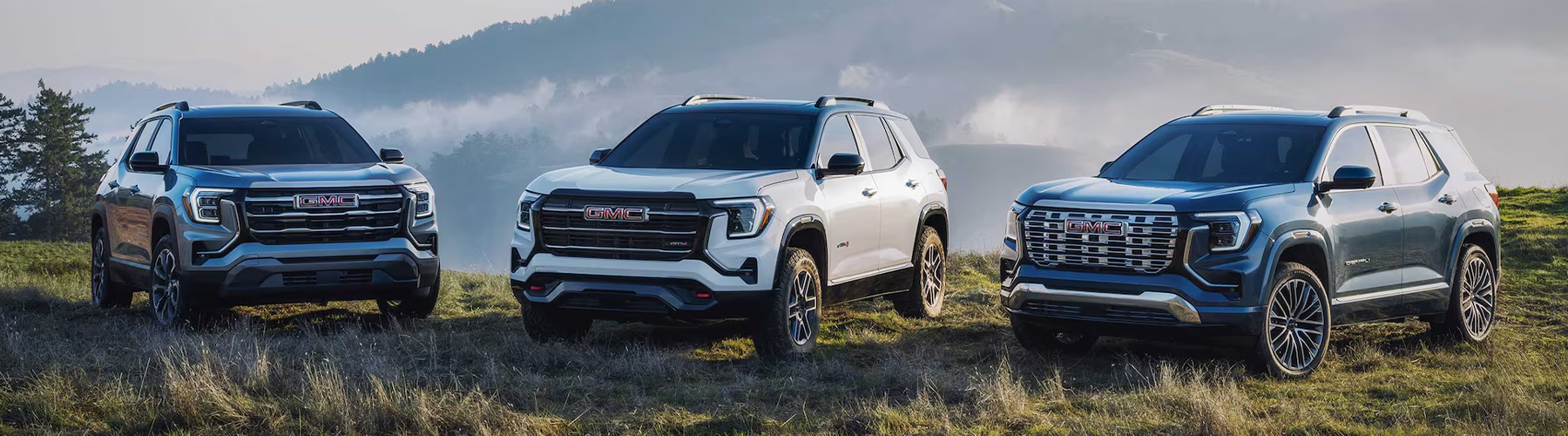 The 2026 GMC Terrain Small SUV Lineup Parked in a Valley Over Looking a Beautiful Mountain Range