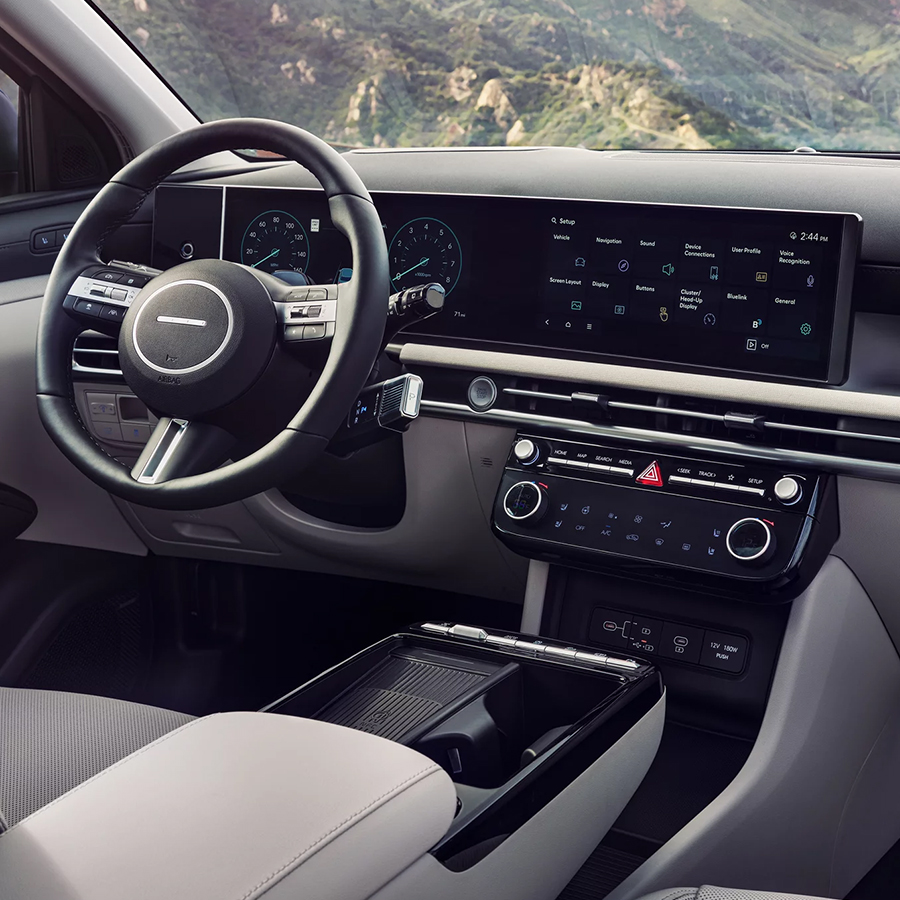 2026 TUCSON Limited interior with 12.3-inch touchscreen navigation and 12.3-inch digital gauges