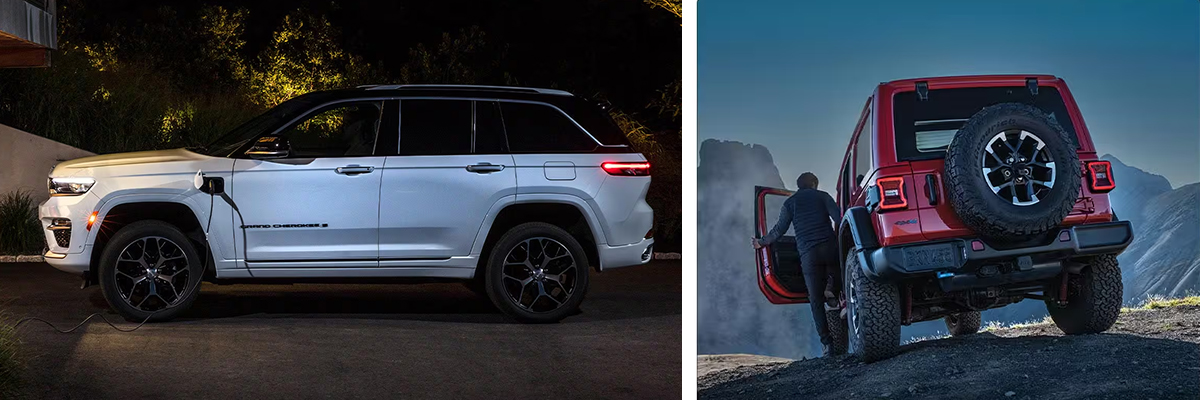 Side profile of a white Jeep Grand Cherokee 4xe plugged into a wall charger