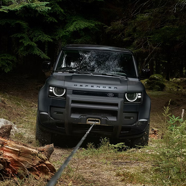 Front view of the 2026 Defender 130 using towing winch